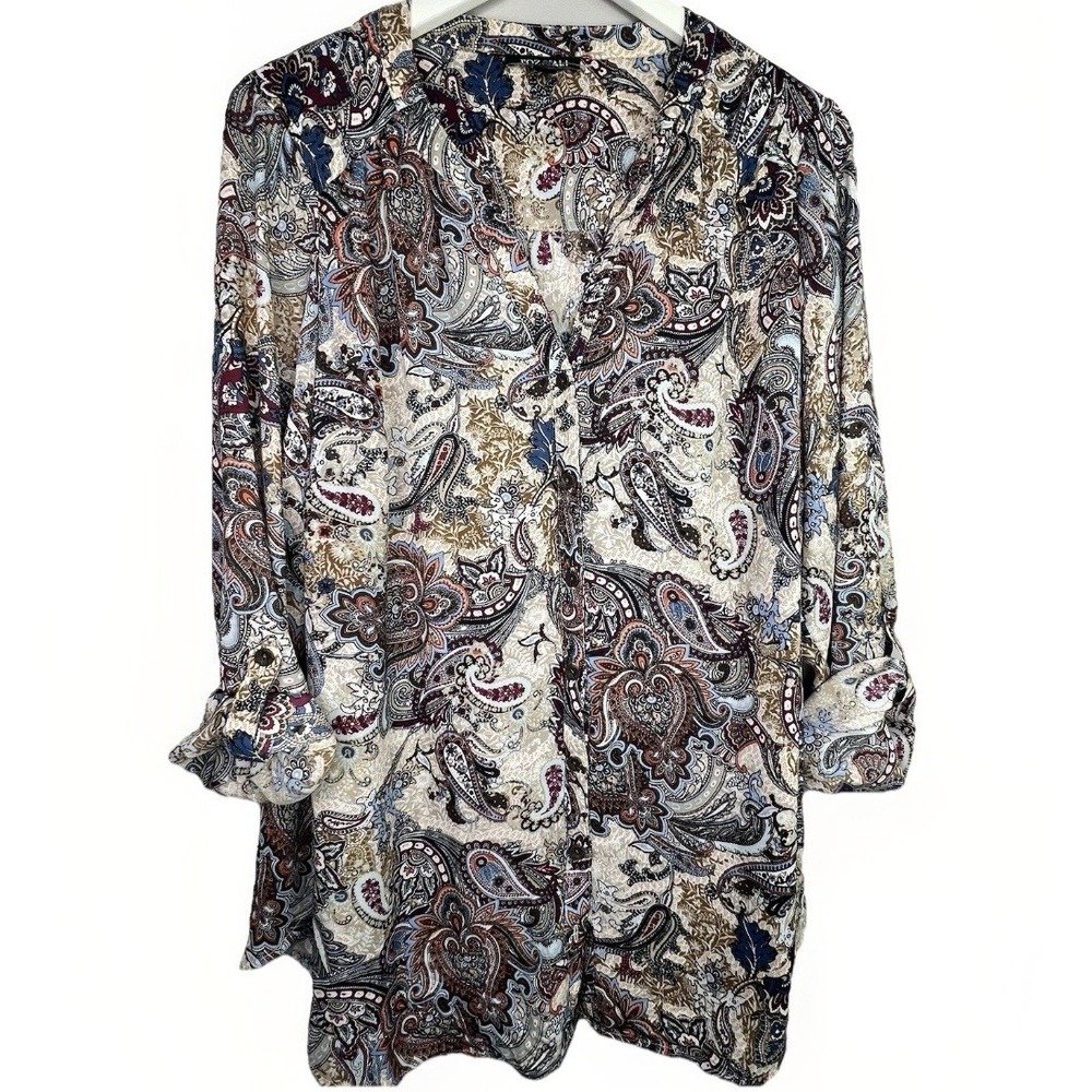 Roz & Ali Plus Size Button Down Top Womens XXL Paisley Multicolor Neutral Boho